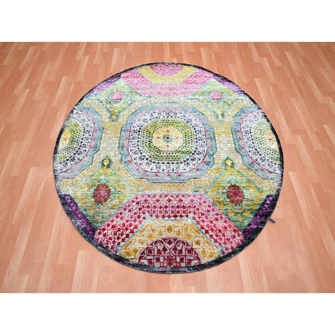 6'0" x 6'1" New Hand Knotted Yellow Wool & Silk Round Oriental Rug - MOA10275553