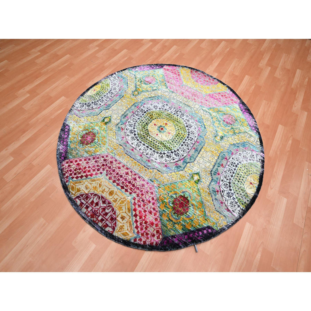 6'0" x 6'1" New Hand Knotted Yellow Wool & Silk Round Oriental Rug - MOA10275553