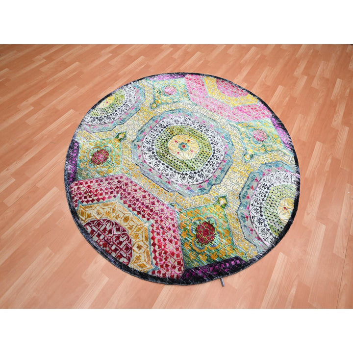 6'0" x 6'1" New Hand Knotted Yellow Wool & Silk Round Oriental Rug - MOA10275553