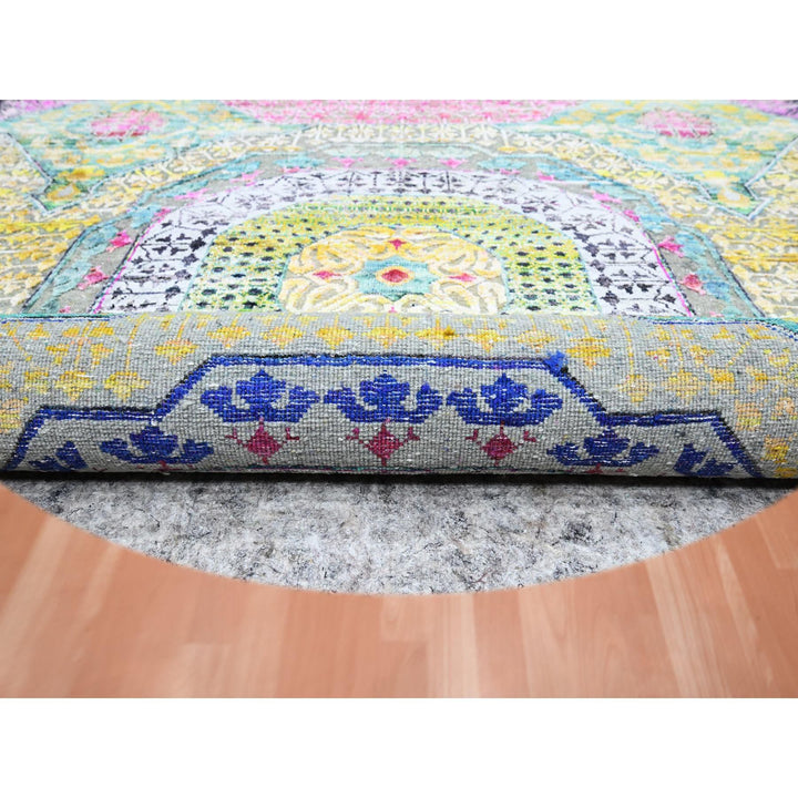 6'0" x 6'1" New Hand Knotted Yellow Wool & Silk Round Oriental Rug - MOA10275553