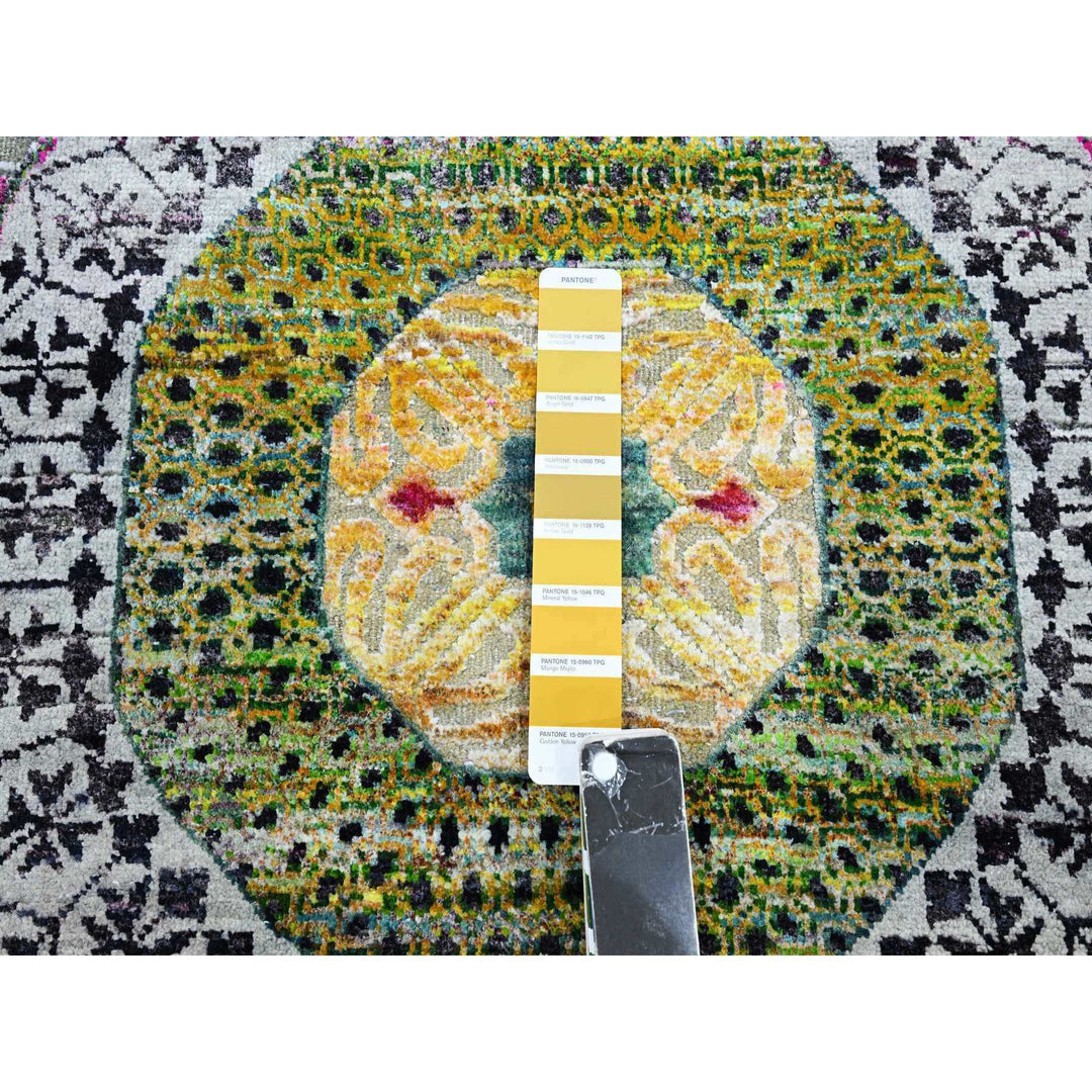6'0" x 6'1" New Hand Knotted Yellow Wool & Silk Round Oriental Rug - MOA10275553