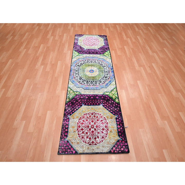 2'8" x 8'1" New Hand Knotted Red Wool & Silk Runner Oriental Rug - MOA10275556