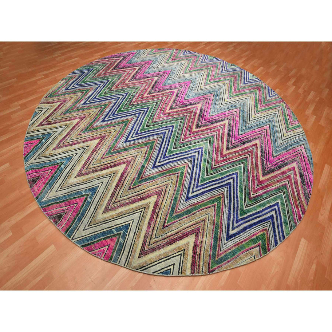 11'8" x 11'9" New Hand Knotted Pink Wool & Silk Round Oriental Rug - MOA10275567