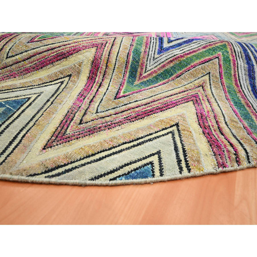 11'8" x 11'9" New Hand Knotted Pink Wool & Silk Round Oriental Rug - MOA10275567