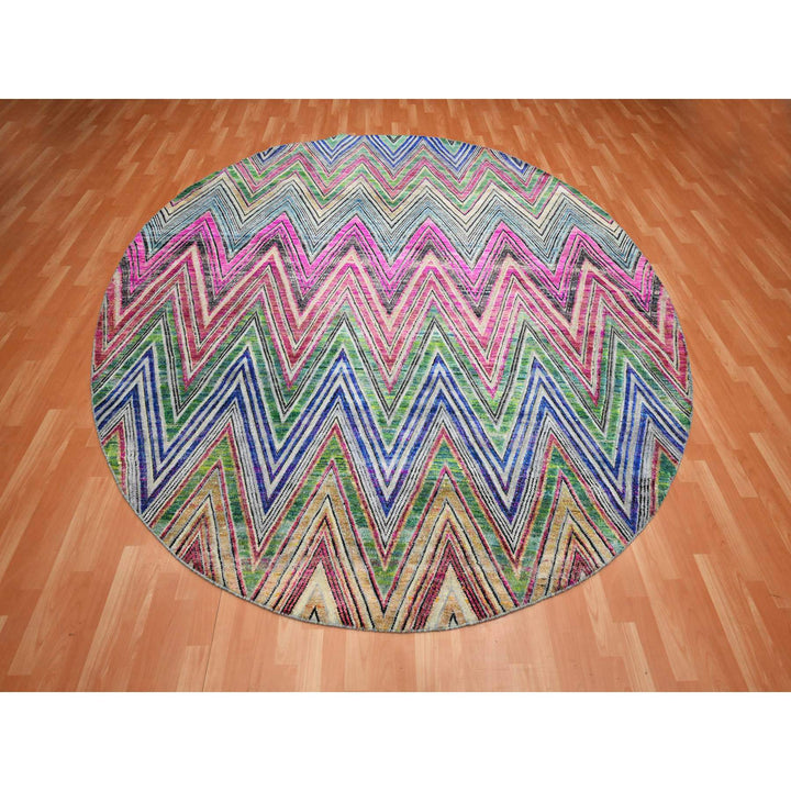 9'8" x 9'10" New Hand Knotted Pink Wool & Silk Round Oriental Rug - MOA10275568