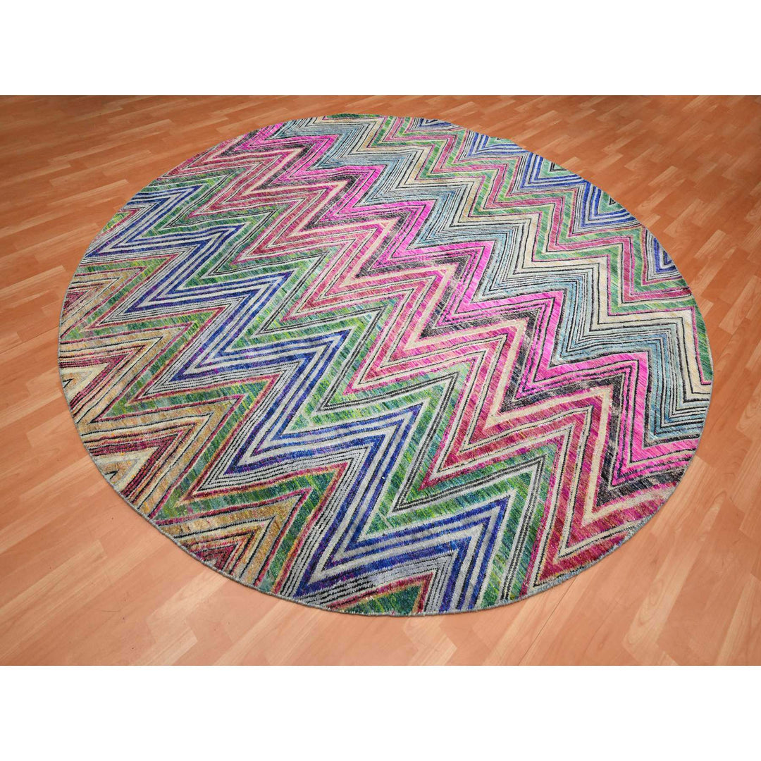 9'8" x 9'10" New Hand Knotted Pink Wool & Silk Round Oriental Rug - MOA10275568