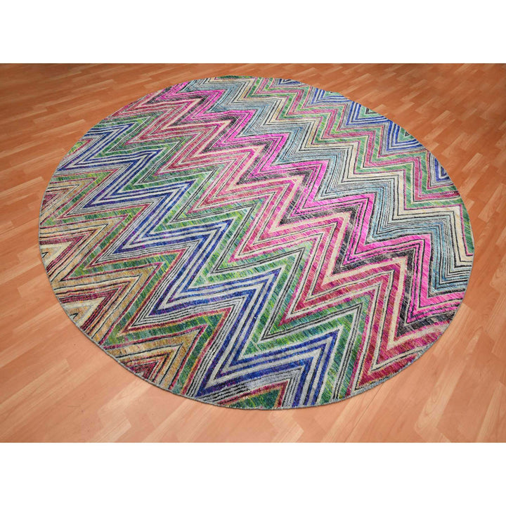 9'8" x 9'10" New Hand Knotted Pink Wool & Silk Round Oriental Rug - MOA10275568