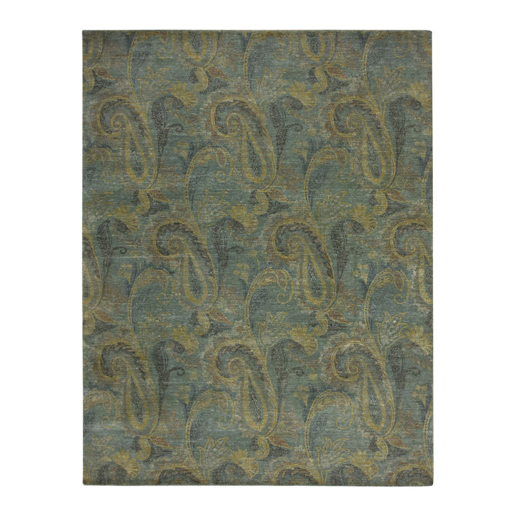 8'11" x 11'8" New Hand Knotted Green Wool & Silk Rectangle Oriental Rug - MOA10275569