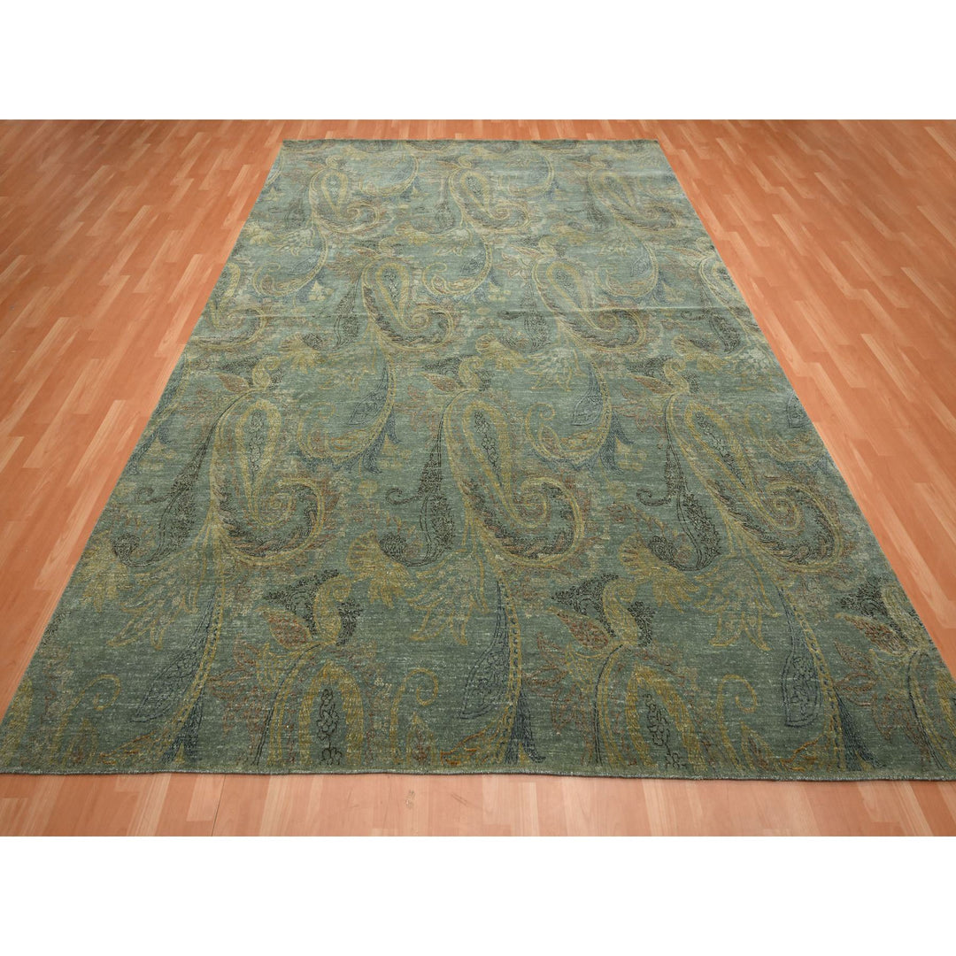 8'11" x 11'8" New Hand Knotted Green Wool & Silk Rectangle Oriental Rug - MOA10275569
