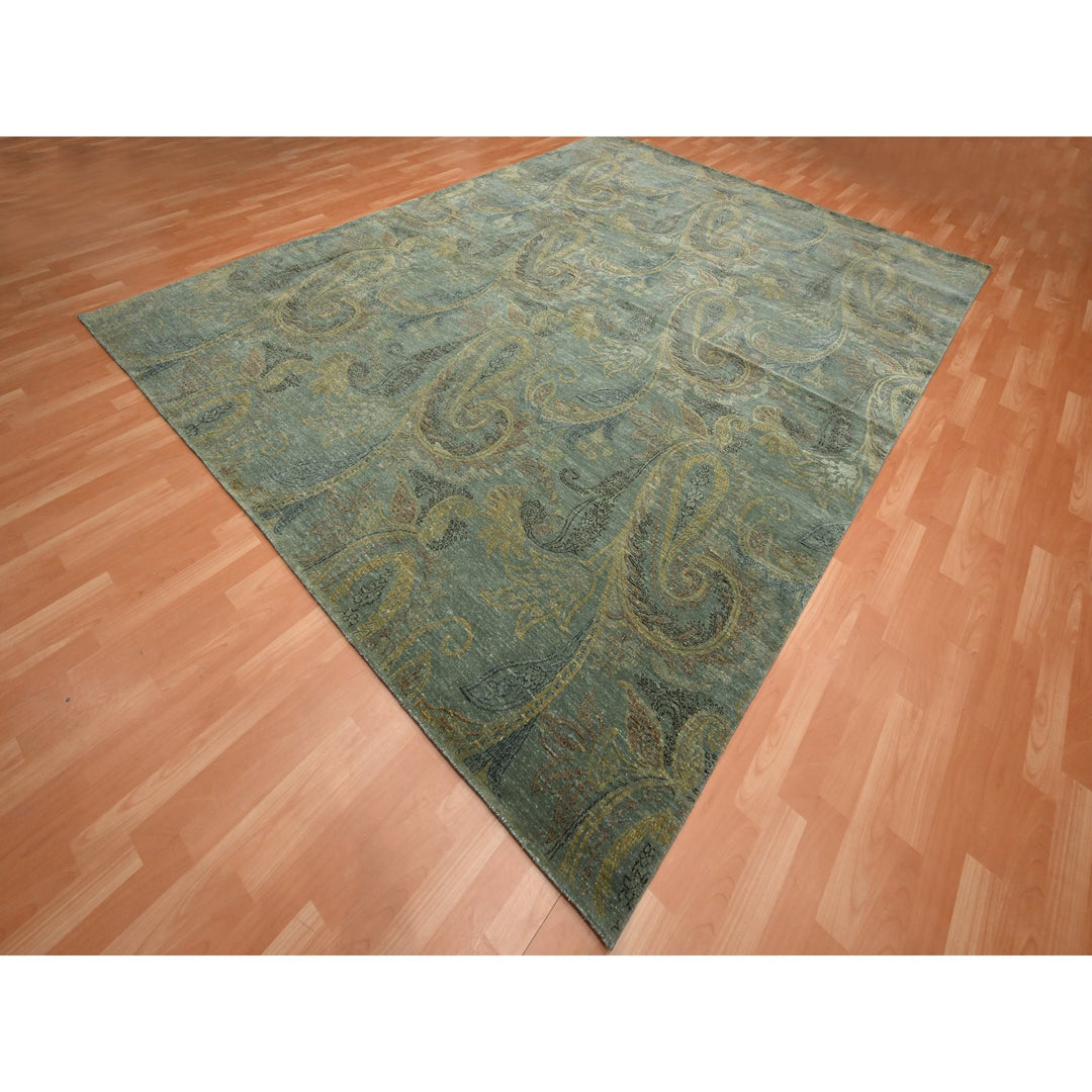 8'11" x 11'8" New Hand Knotted Green Wool & Silk Rectangle Oriental Rug - MOA10275569