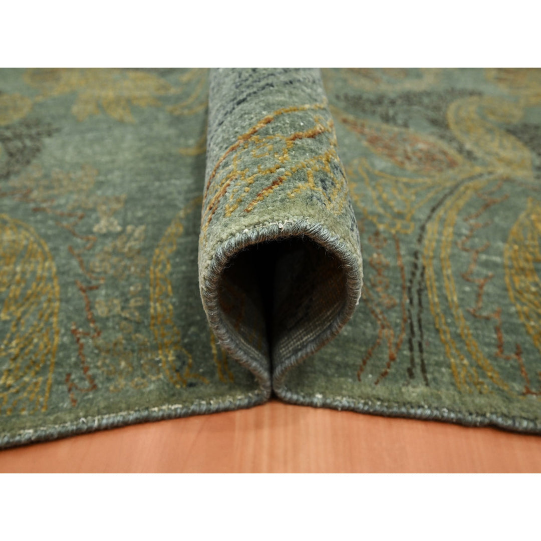 8'11" x 11'8" New Hand Knotted Green Wool & Silk Rectangle Oriental Rug - MOA10275569