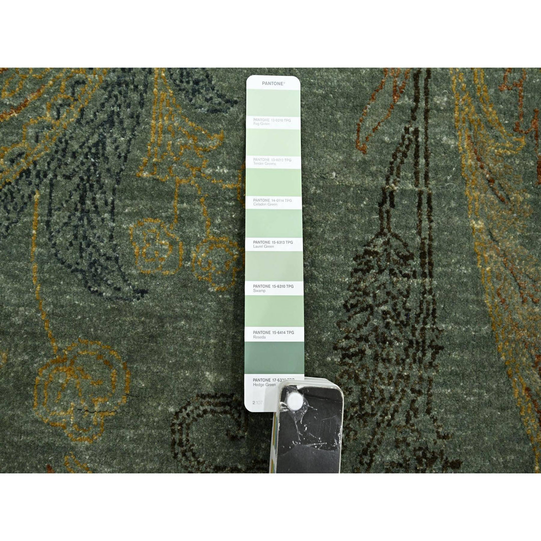 8'11" x 11'8" New Hand Knotted Green Wool & Silk Rectangle Oriental Rug - MOA10275569