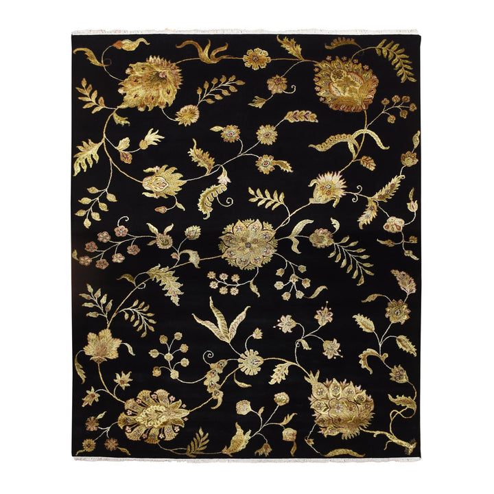 8'2" x 9'11" New Hand Knotted Black Wool & Silk Rectangle Oriental Rug - MOA10275580