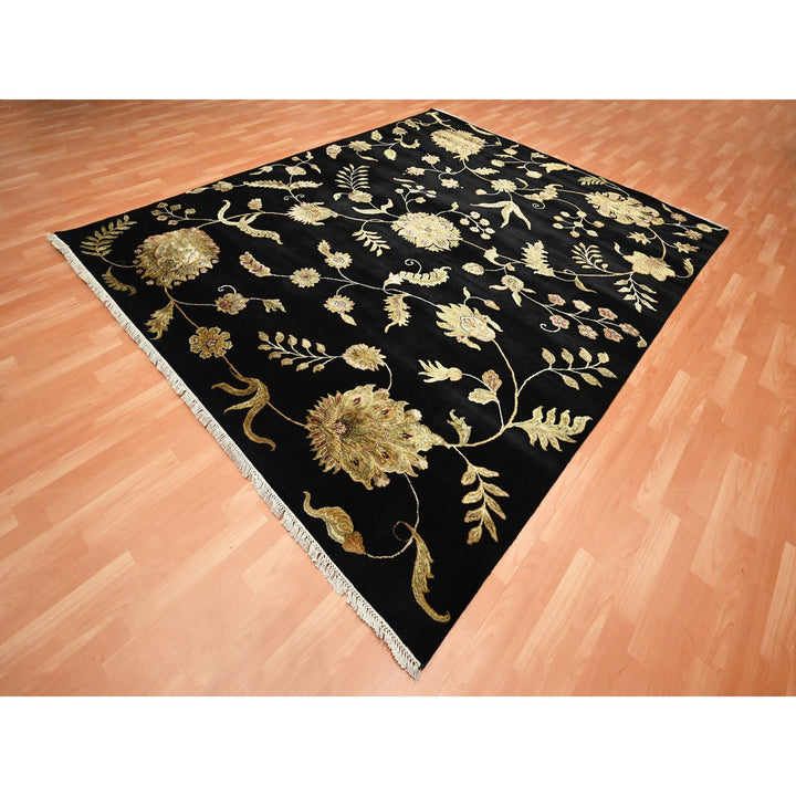 8'2" x 9'11" New Hand Knotted Black Wool & Silk Rectangle Oriental Rug - MOA10275580