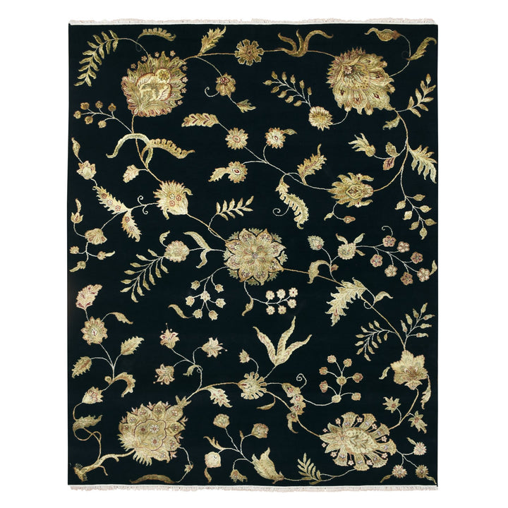 8'0" x 9'11" New Hand Knotted Black Wool & Silk Rectangle Oriental Rug - MOA10275587