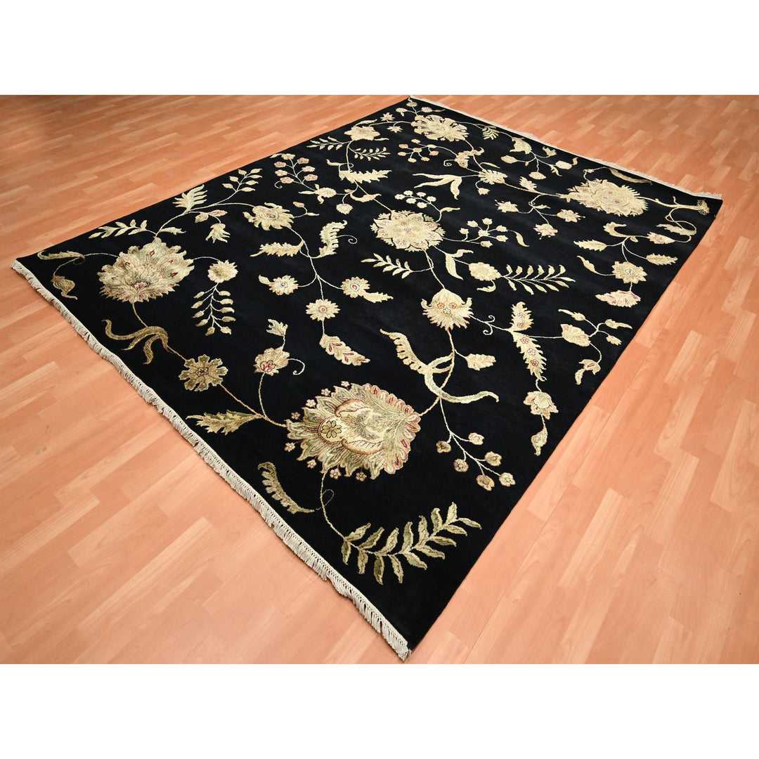 8'0" x 9'11" New Hand Knotted Black Wool & Silk Rectangle Oriental Rug - MOA10275587