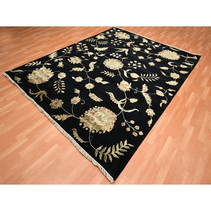 8'0" x 9'11" New Hand Knotted Black Wool & Silk Rectangle Oriental Rug - MOA10275587
