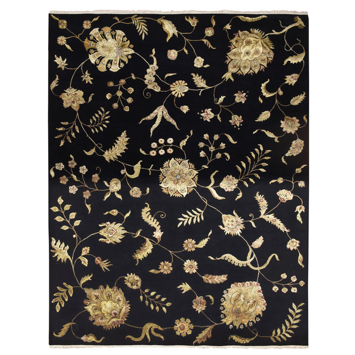 9'2" x 11'8" New Hand Knotted Black Wool & Silk Rectangle Oriental Rug - MOA10275593