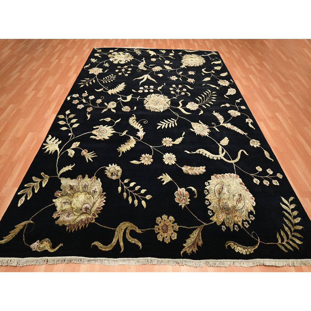 9'2" x 11'8" New Hand Knotted Black Wool & Silk Rectangle Oriental Rug - MOA10275593
