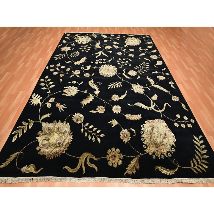9'2" x 11'8" New Hand Knotted Black Wool & Silk Rectangle Oriental Rug - MOA10275593
