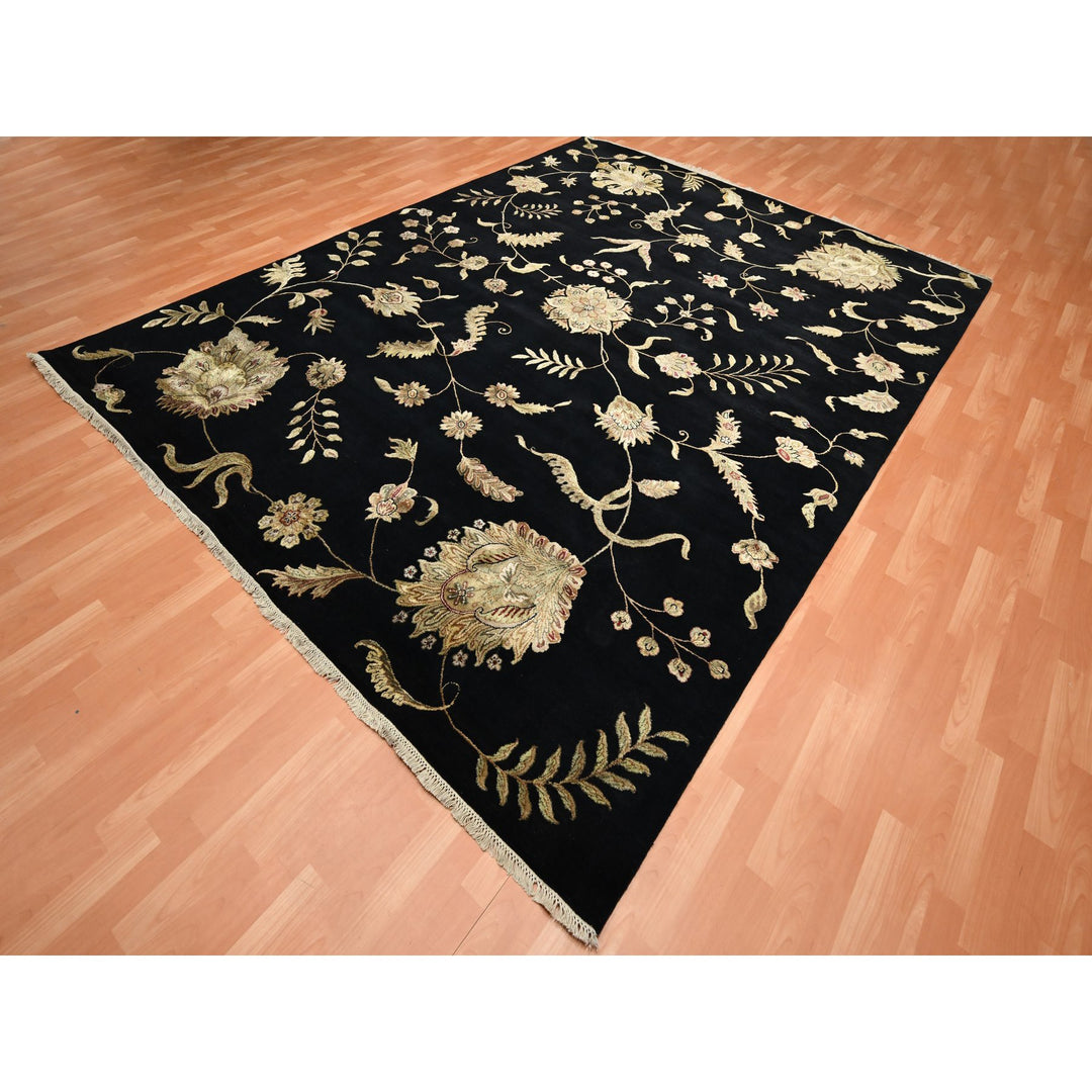 9'2" x 11'8" New Hand Knotted Black Wool & Silk Rectangle Oriental Rug - MOA10275593