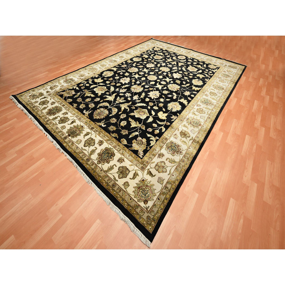 9'11" x 13'11" New Hand Knotted Black Wool & Silk Rectangle Oriental Rug - MOA10275598