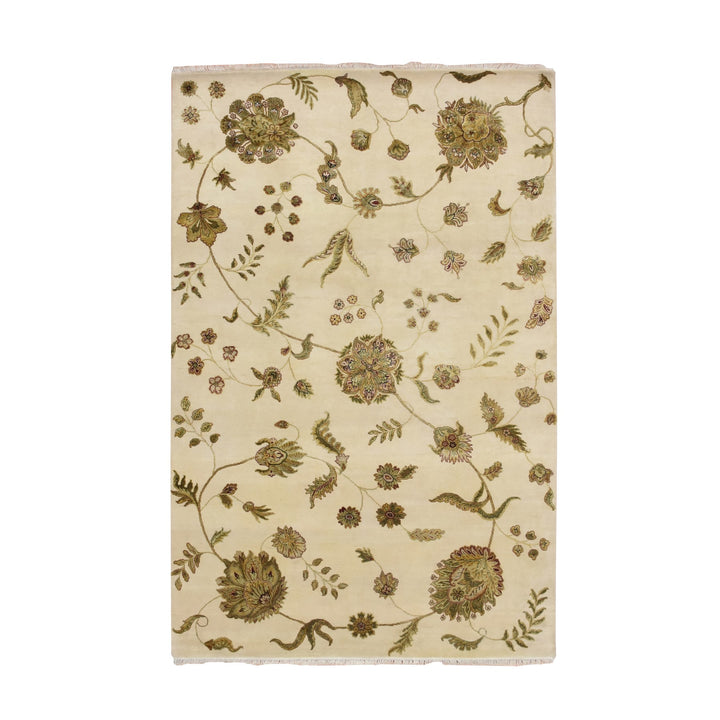 5'11" x 8'11" New Hand Knotted Ivory Wool & Silk Rectangle Oriental Rug - MOA10275600
