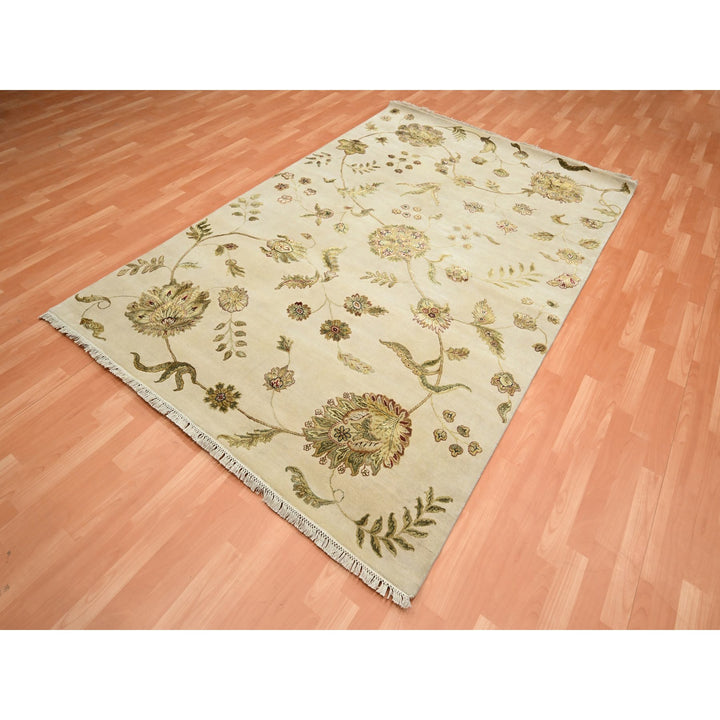 5'11" x 8'11" New Hand Knotted Ivory Wool & Silk Rectangle Oriental Rug - MOA10275600