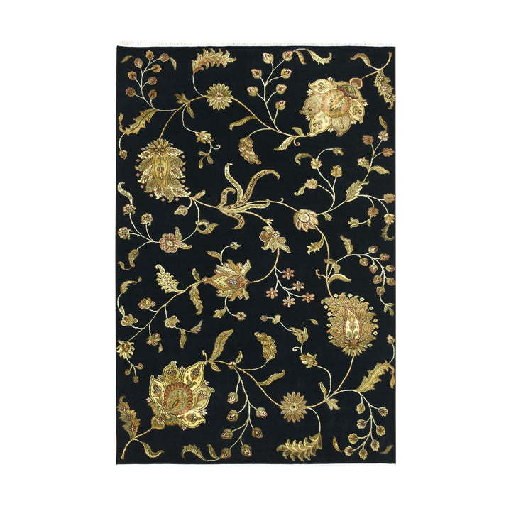 6'0" x 8'10" New Hand Knotted Black Wool & Silk Rectangle Oriental Rug - MOA10275602