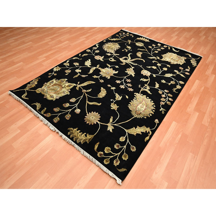 6'0" x 8'10" New Hand Knotted Black Wool & Silk Rectangle Oriental Rug - MOA10275602