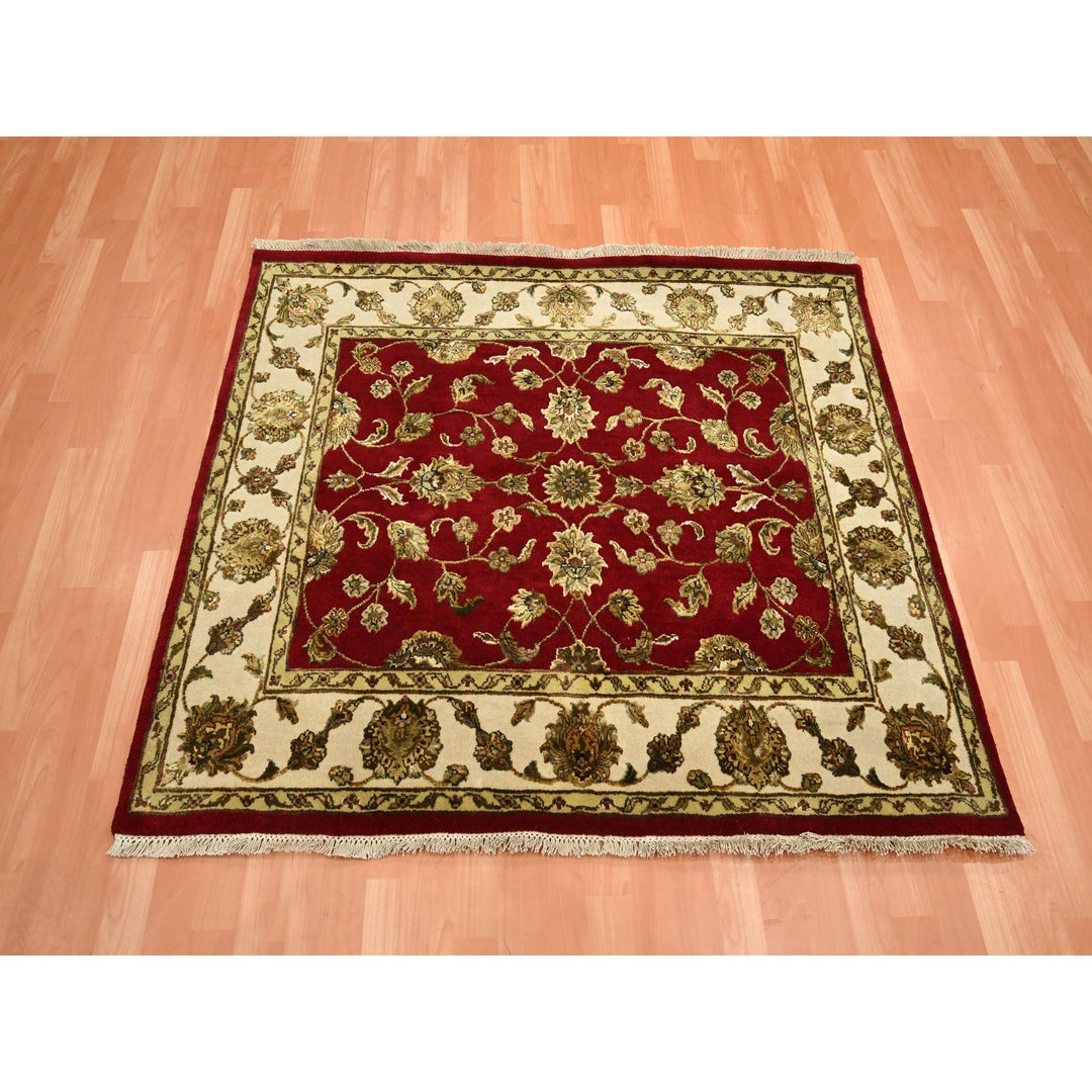 4'1" x 4'11" New Hand Knotted Red Wool & Silk Square Oriental Rug - MOA10275606