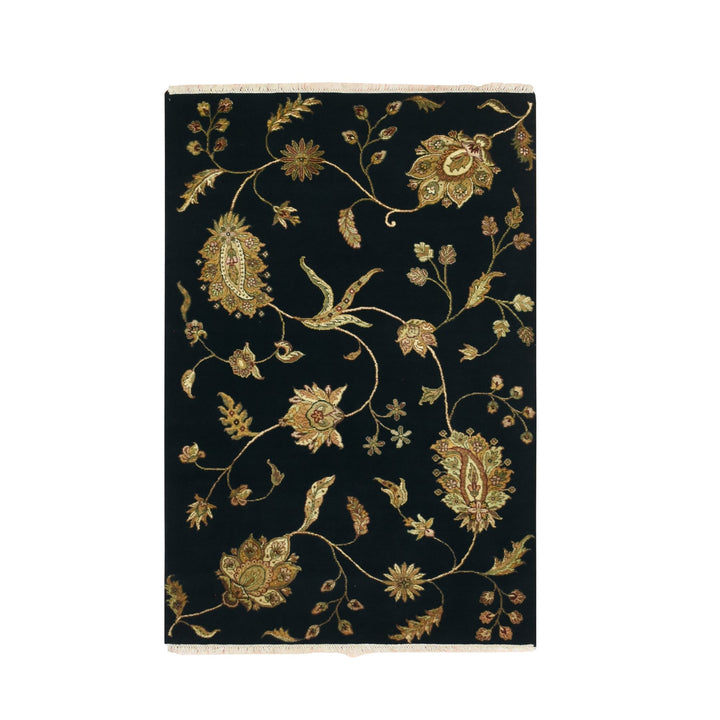4'1" x 6'1" New Hand Knotted Black Wool & Silk Rectangle Oriental Rug - MOA10275608