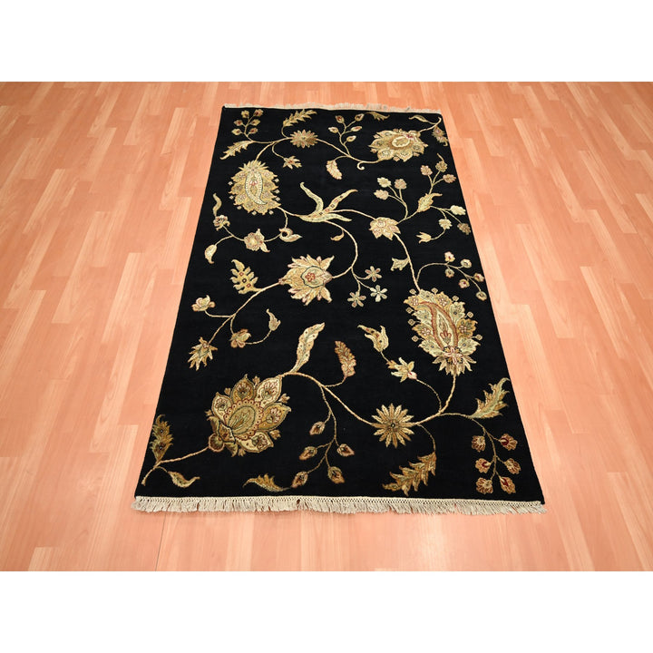 4'1" x 6'1" New Hand Knotted Black Wool & Silk Rectangle Oriental Rug - MOA10275608