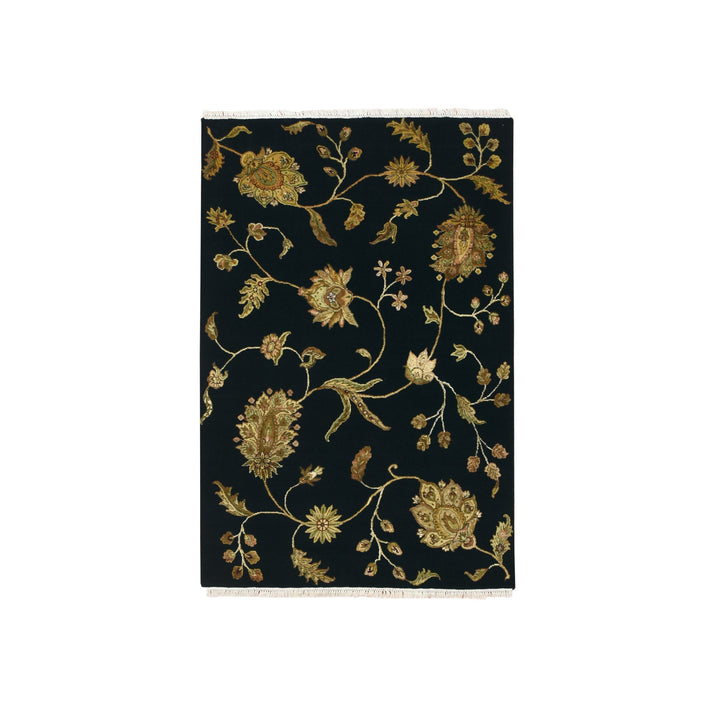 4'0" x 5'11" New Hand Knotted Black Wool & Silk Rectangle Oriental Rug - MOA10275609