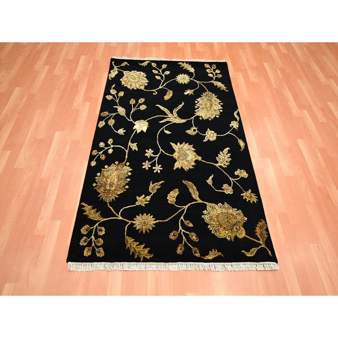 4'0" x 5'11" New Hand Knotted Black Wool & Silk Rectangle Oriental Rug - MOA10275609