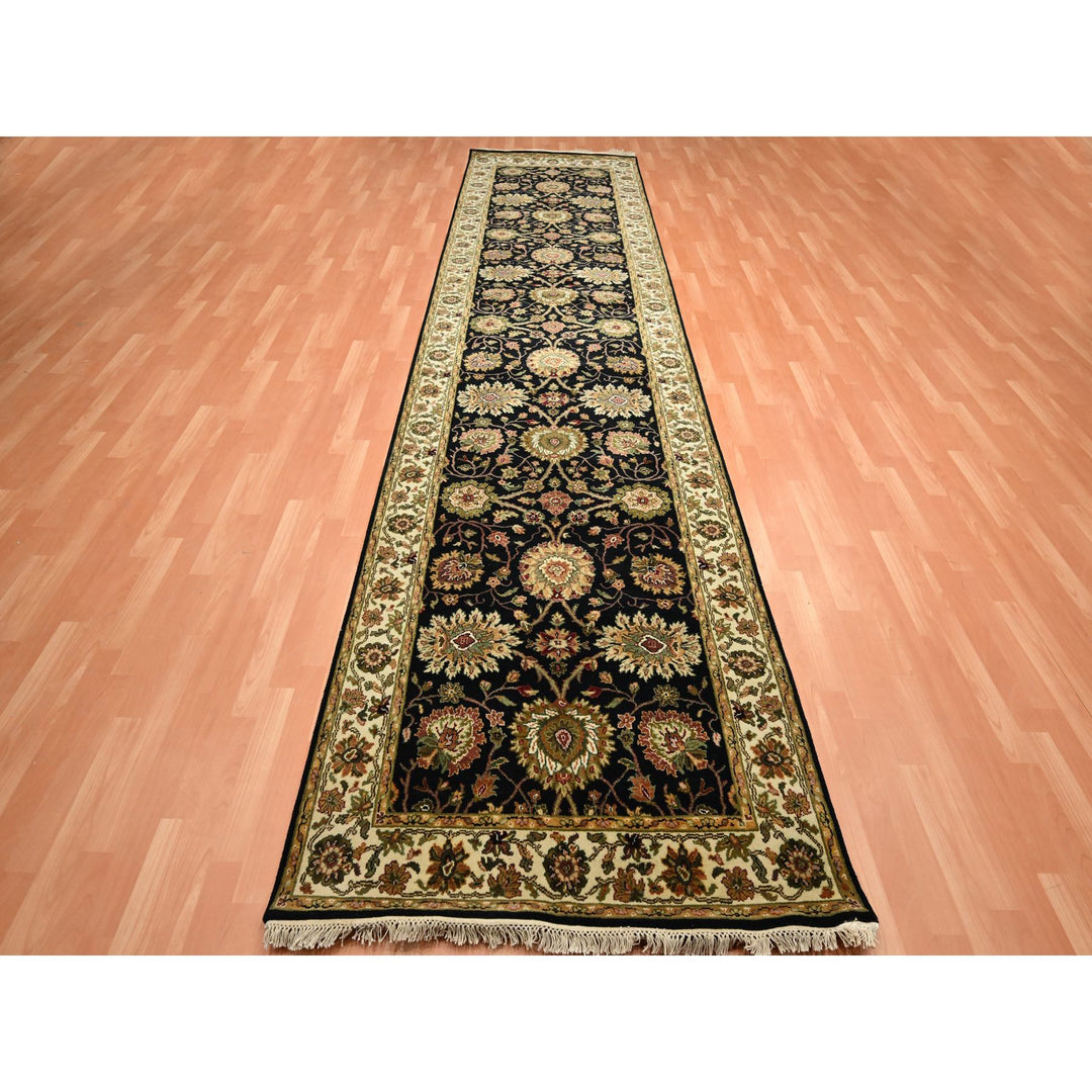4'0" x 15'9" New Hand Knotted Black Wool & Silk Runner Oriental Rug - MOA10275610