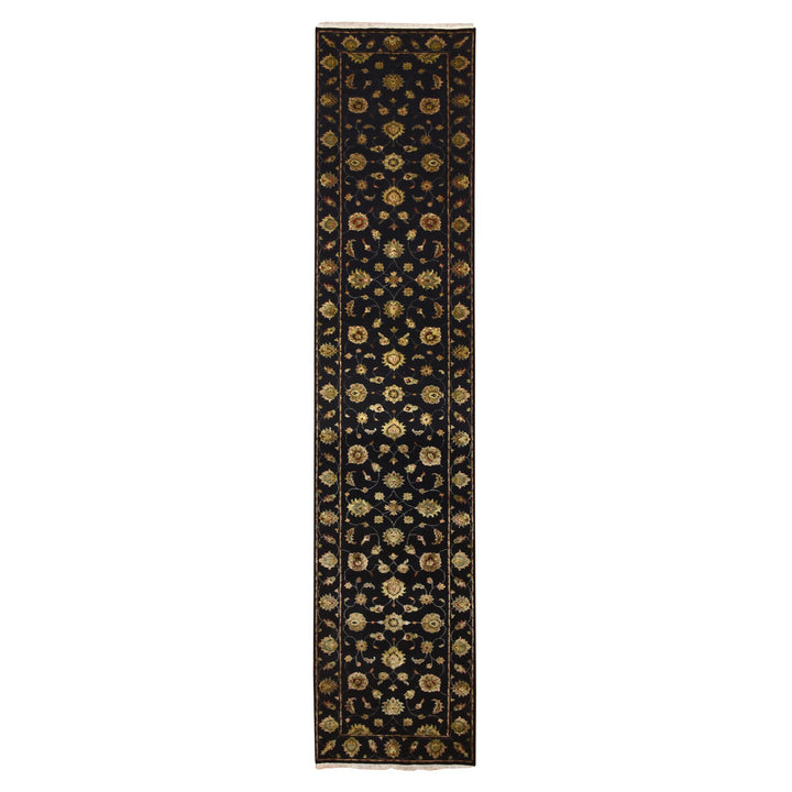 2'7" x 12'3" New Hand Knotted Black Wool & Silk Runner Oriental Rug - MOA10275611