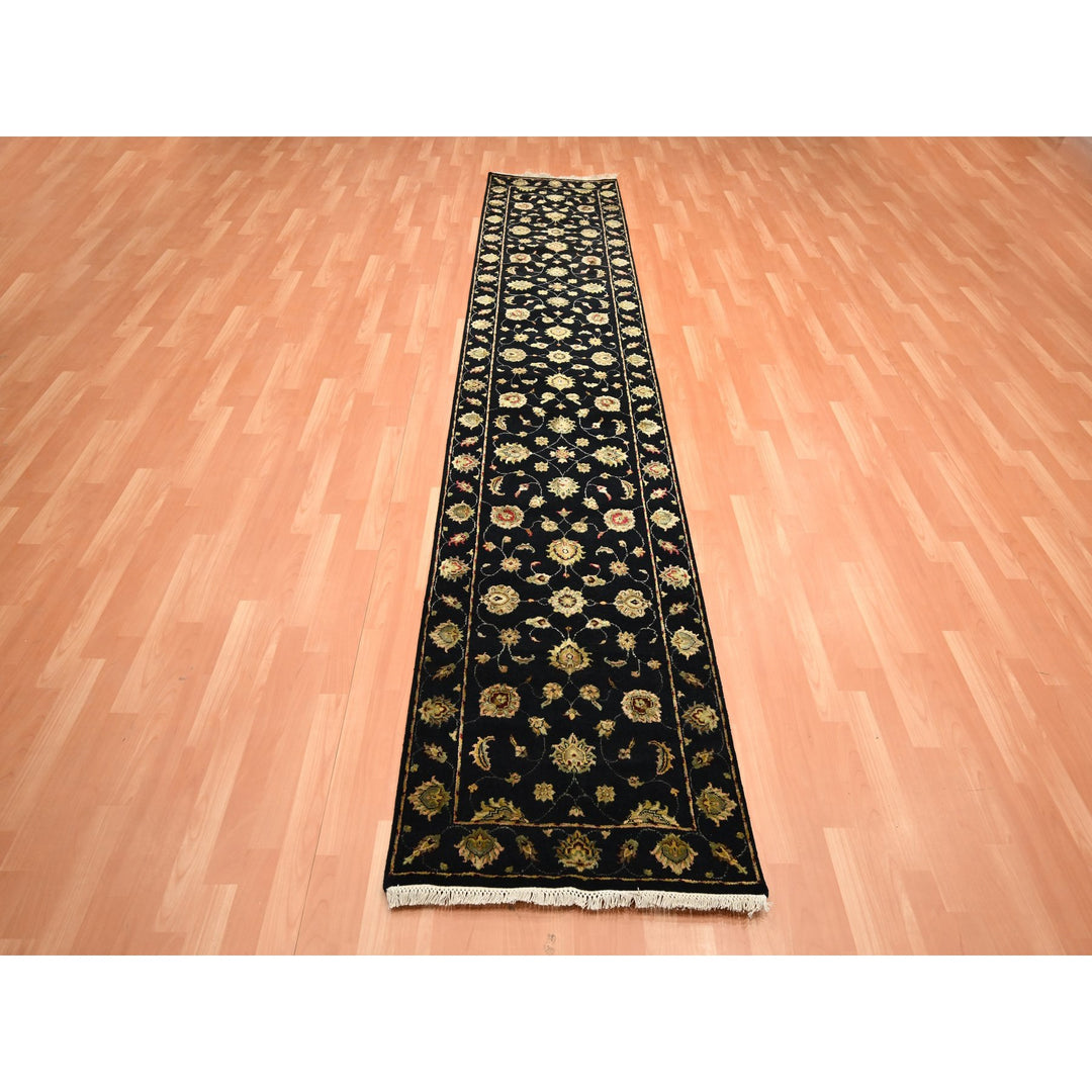 2'7" x 12'3" New Hand Knotted Black Wool & Silk Runner Oriental Rug - MOA10275611