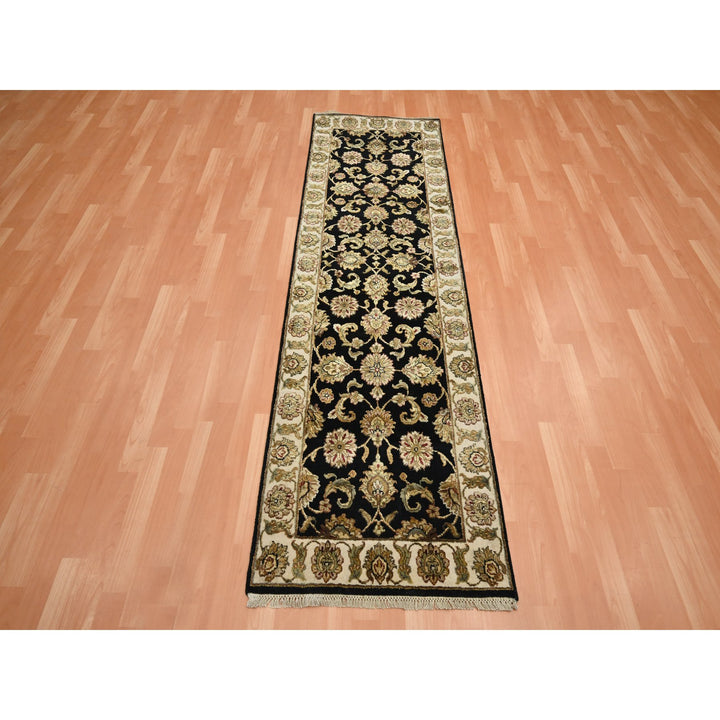 2'6" x 8'0" New Hand Knotted Black Wool & Silk Runner Oriental Rug - MOA10275614