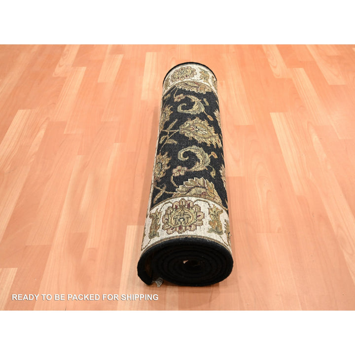 2'6" x 8'0" New Hand Knotted Black Wool & Silk Runner Oriental Rug - MOA10275614