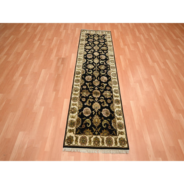 2'6" x 8'3" New Hand Knotted Black Wool & Silk Runner Oriental Rug - MOA10275618