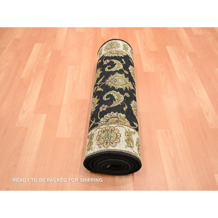 2'6" x 8'3" New Hand Knotted Black Wool & Silk Runner Oriental Rug - MOA10275618