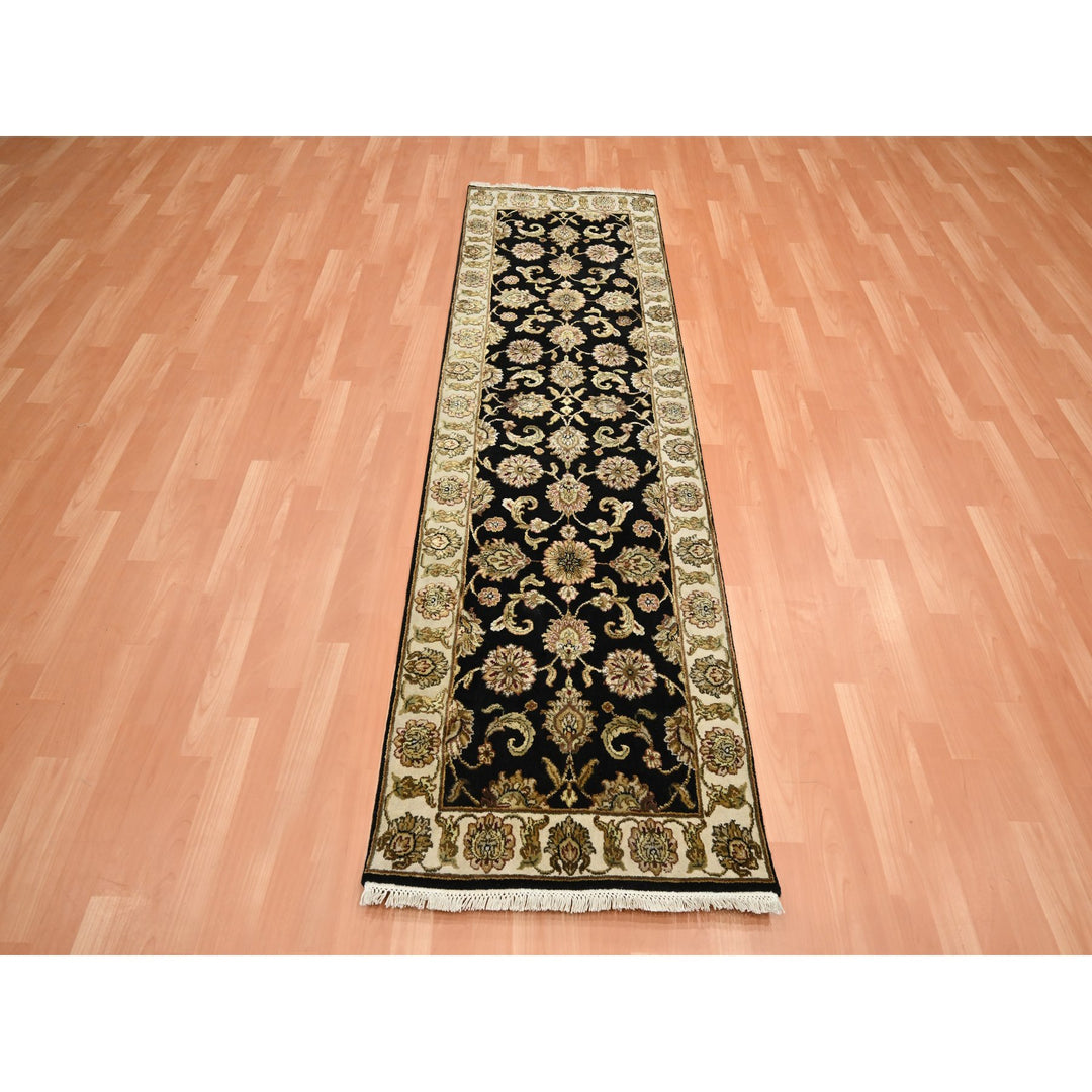 2'6" x 8'0" New Hand Knotted Black Wool & Silk Runner Oriental Rug - MOA10275619