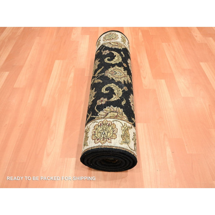 2'6" x 8'0" New Hand Knotted Black Wool & Silk Runner Oriental Rug - MOA10275619