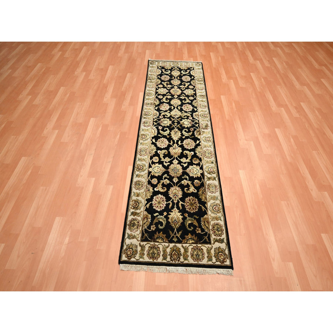 2'6" x 8'0" New Hand Knotted Black Wool & Silk Runner Oriental Rug - MOA10275624