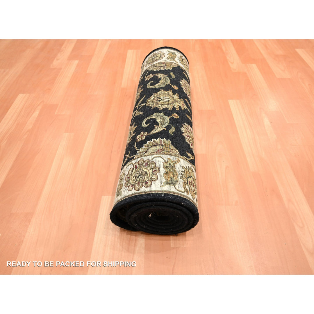 2'6" x 8'0" New Hand Knotted Black Wool & Silk Runner Oriental Rug - MOA10275624