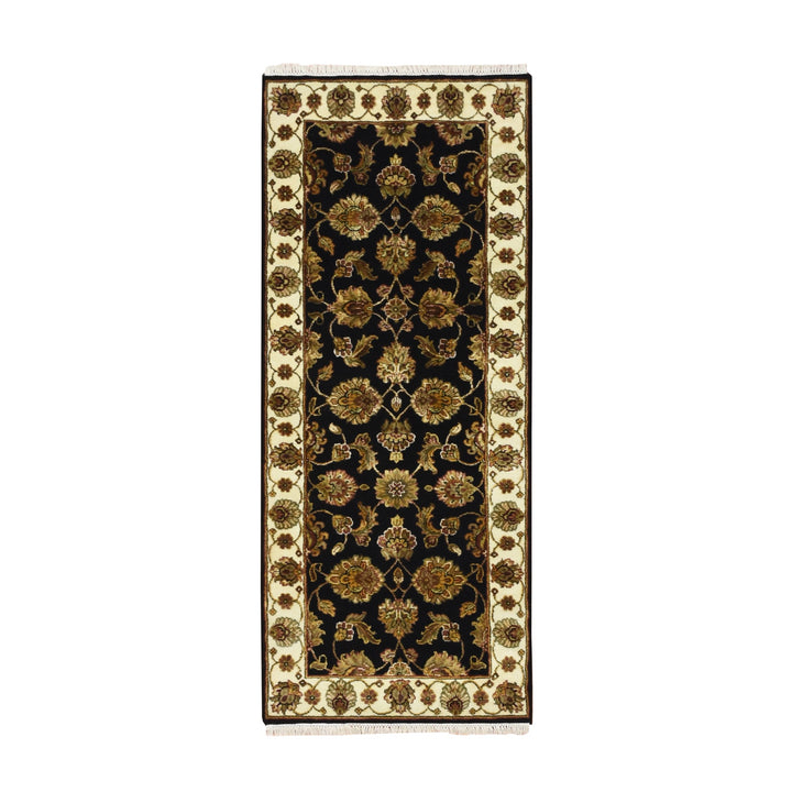 2'7" x 6'2" New Hand Knotted Black Wool & Silk Runner Oriental Rug - MOA10275625