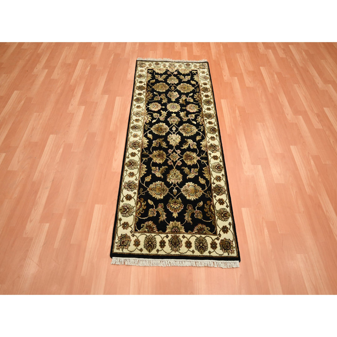 2'7" x 6'2" New Hand Knotted Black Wool & Silk Runner Oriental Rug - MOA10275625