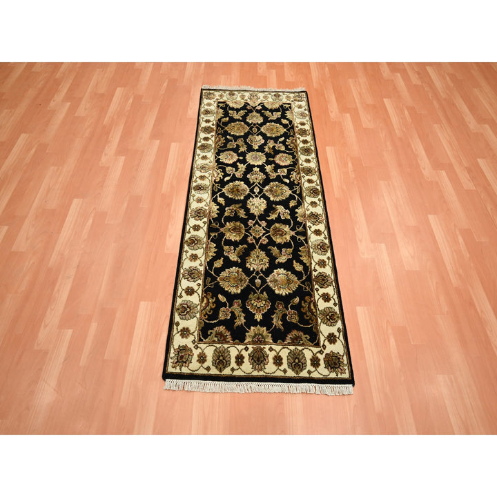 2'7" x 6'2" New Hand Knotted Black Wool & Silk Runner Oriental Rug - MOA10275625