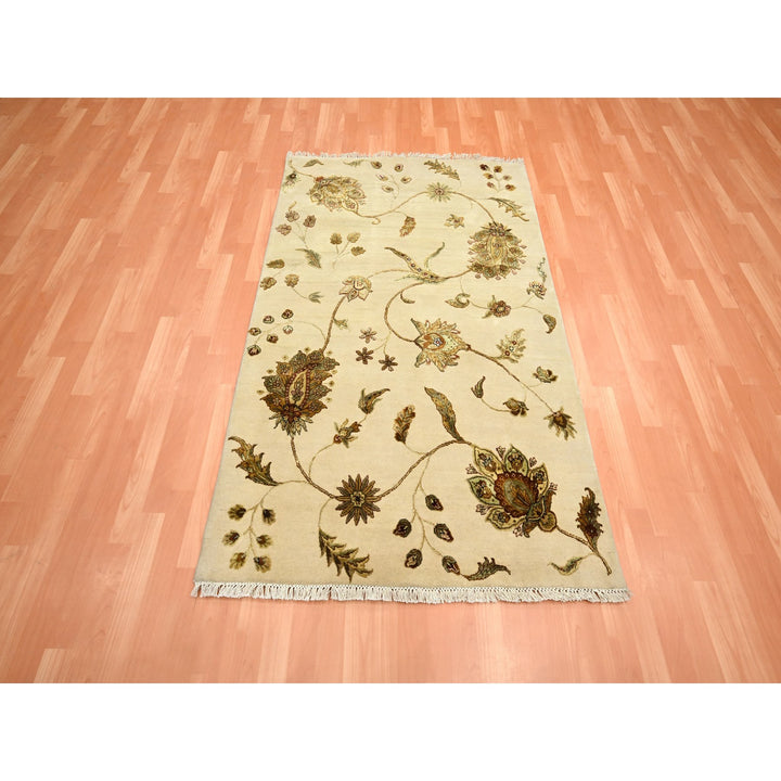 4'0" x 5'11" New Hand Knotted Ivory Wool & Silk Rectangle Oriental Rug - MOA10275631